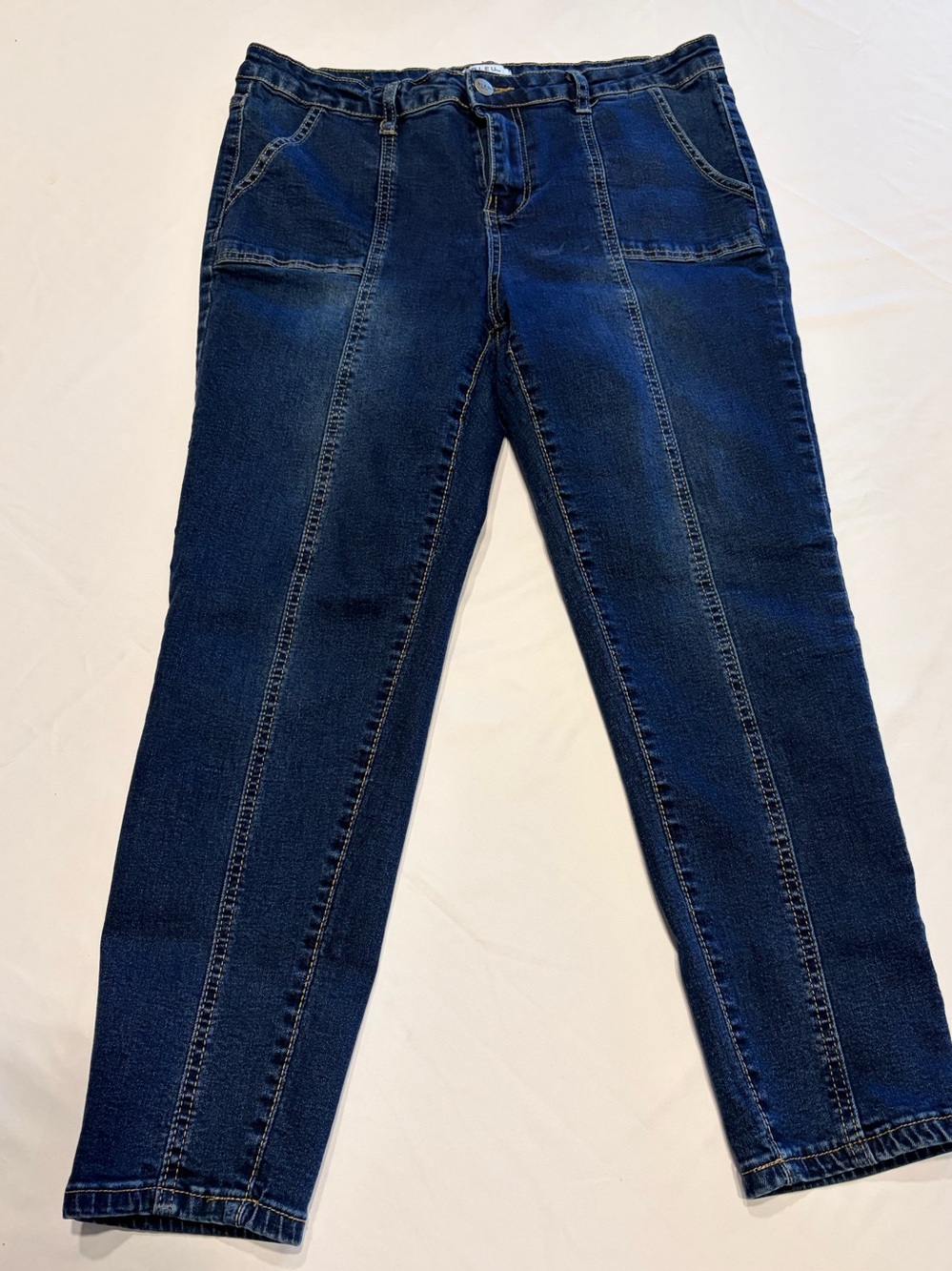 BLEU TM Dark Wash Straight Leg Seam Front Patch Pocket Jeans 14P